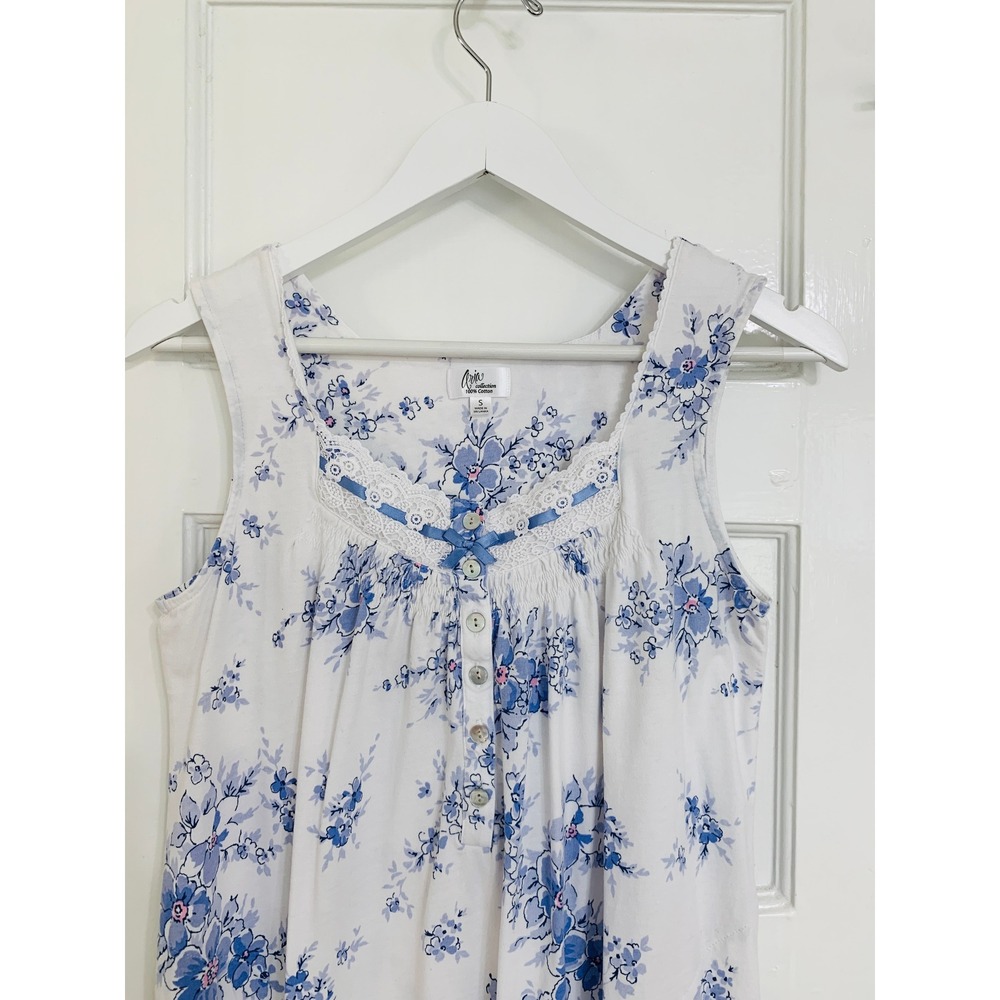 Aria Blue Floral 100% Cotton Jersey Chemise Nightgown S Sleeveless Pockets - Picture 2 of 16